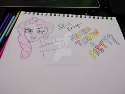 Size: 400x300 | Tagged: safe, artist:dougtheloremaster, pinkie pie, earth pony, pony, g4, breaking the fourth wall, deviantart watermark, obtrusive watermark, pencil, pencil drawing, photo, sketchpad, traditional art, watermark