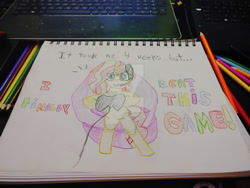 Size: 400x300 | Tagged: safe, artist:dougtheloremaster, sunset shimmer, pony, unicorn, g4, controller, deviantart watermark, gamer sunset, headset, obtrusive watermark, pencil, pencil drawing, photo, sketchpad, traditional art, watermark