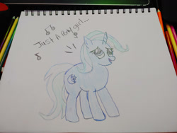 Size: 1280x960 | Tagged: safe, artist:dougtheloremaster, part of a set, trixie, pony, unicorn, g4, don't stop believing, journey (band), part of a series, pencil, pencil drawing, photo, singing, sketchpad, song reference, traditional art