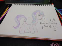 Size: 1280x960 | Tagged: safe, artist:dougtheloremaster, part of a set, starlight glimmer, pony, unicorn, g4, don't stop believing, eyes closed, journey (band), part of a series, pencil, pencil drawing, photo, s5 starlight, singing, sketchpad, song reference, traditional art
