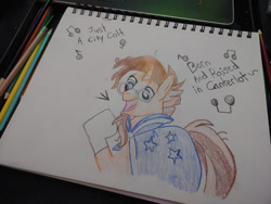 Size: 1280x960 | Tagged: safe, artist:dougtheloremaster, part of a set, sunburst, pony, unicorn, g4, blaze (coat marking), cloak, clothes, coat markings, don't stop believing, facial markings, glasses, journey (band), open mouth, part of a series, pencil, pencil drawing, photo, robe, singing, sketchpad, socks (coat markings), song reference, sunburst's cloak, sunburst's glasses, traditional art