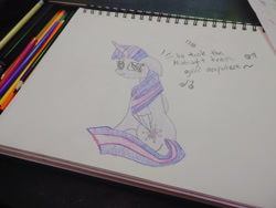 Size: 1280x960 | Tagged: safe, artist:dougtheloremaster, part of a set, twilight sparkle, alicorn, pony, g4, don't stop believing, floppy ears, journey (band), music notes, part of a series, pencil, pencil drawing, photo, sad, singing, sketchpad, solo, song reference, traditional art, twilight sparkle (alicorn)