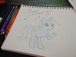 Size: 1280x960 | Tagged: safe, artist:dougtheloremaster, part of a set, trixie, pony, unicorn, g4, don't stop believing, journey (band), part of a series, pencil, pencil drawing, photo, raised hoof, singing, sketchpad, song reference, traditional art