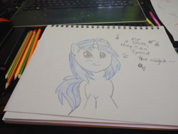 Size: 1280x960 | Tagged: safe, artist:dougtheloremaster, part of a set, dj pon-3, vinyl scratch, pony, unicorn, g4, don't stop believing, journey (band), part of a series, pencil, pencil drawing, photo, singing, sketchpad, smiling, song reference, traditional art