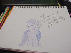 Size: 1280x960 | Tagged: safe, artist:dougtheloremaster, part of a set, twilight sparkle, pony, g4, don't stop believing, eyes closed, journey (band), open mouth, part of a series, pencil, pencil drawing, photo, singing, sketchpad, song reference, traditional art