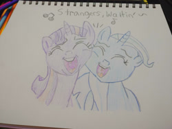Size: 1280x960 | Tagged: safe, artist:dougtheloremaster, part of a set, trixie, twilight sparkle, pony, unicorn, g4, cheek to cheek, don't stop believing, eyes closed, female, journey (band), lesbian, open mouth, part of a series, pencil, pencil drawing, photo, ship:twixie, shipping, singing, sketchpad, song reference, traditional art, uvula