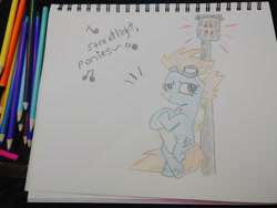 Size: 1280x960 | Tagged: safe, artist:dougtheloremaster, part of a set, spitfire, pegasus, pony, g4, bipedal, clothes, crossed arms, don't stop believing, journey (band), lamppost, part of a series, pencil, pencil drawing, photo, singing, sketchpad, song reference, traditional art, uniform, wonderbolts uniform