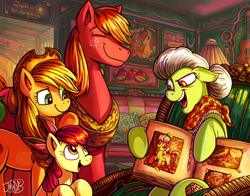 Size: 3732x2920 | Tagged: safe, artist:jowyb, apple bloom, applejack, big macintosh, bright mac, granny smith, pear butter, earth pony, pony, g4, acoustic guitar, apple, apple bloom's bow, apple family, apple siblings, apple sisters, applejack's hat, bonnet, bow, braid, brother and sister, chair, cottagecore, cowboy hat, female, filly, foal, food, guitar, hair bow, hat, high res, horse collar, male, mare, musical instrument, photo, pigtails, scrapbook, siblings, sisters, stallion, young granny smith, younger
