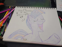 Size: 1280x960 | Tagged: safe, artist:dougtheloremaster, part of a set, twilight sparkle, pony, unicorn, g4, don't stop believing, eyes closed, journey (band), open mouth, part of a series, pencil, pencil drawing, photo, raised hoof, singing, sketchpad, solo, song reference, traditional art