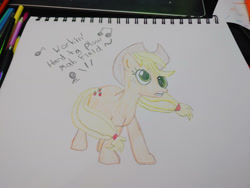 Size: 1280x960 | Tagged: safe, artist:dougtheloremaster, part of a set, applejack, earth pony, pony, g4, applejack's hat, cowboy hat, don't stop believing, eye, hat, journey (band), part of a series, pencil, pencil drawing, photo, singing, sketchpad, song reference, traditional art