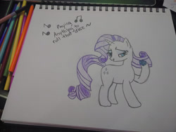 Size: 1280x960 | Tagged: safe, artist:dougtheloremaster, part of a set, rarity, pony, unicorn, g4, don't stop believing, journey (band), part of a series, pencil, pencil drawing, photo, singing, sketchpad, song reference, traditional art