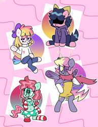 Size: 2931x3801 | Tagged: safe, artist:spritecranbirdie, minty, starsong, toola roola, earth pony, pegasus, pony, g3, bipedal, bow, clothes, covered eyes, cutie mark, dress, female, group, high res, hoodie, pants, skirt, socks, starry eyes, stockings, striped socks, sweater, thigh highs, tongue out, turtleneck, wingding eyes