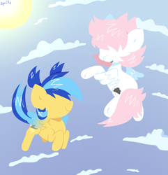 Size: 1667x1732 | Tagged: safe, artist:spritecranbirdie, oc, oc only, oc:cotton, oc:volt, pegasus, pony, cloud, colored wings, cutie mark, duo, female, filly, flying, gradient wings, sky, sun, two toned mane, two toned tail, wings