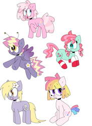 Size: 2162x2955 | Tagged: safe, artist:spritecranbirdie, daisyjo, derpy hooves, minty, pinkie pie (g3), starsong, toola-roola, earth pony, pegasus, pony, g3, g4, alternate cutie mark, alternate design, alternate hairstyle, clothes, cutie mark, female, flower, group, hairclip, high res, redesign, simple background, socks, stockings, striped socks, thigh highs, tongue out, two toned mane, white background
