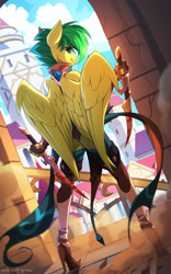 Size: 2000x3195 | Tagged: safe, artist:redchetgreen, oc, oc only, oc:evergreen feathersong, pegasus, anthro, dual wield, high res, pegasus oc, solo, sword, weapon