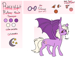 Size: 1406x1079 | Tagged: safe, artist:platt, oc, oc only, oc:pinkfull night, bat pony, pony, bat pony oc, cutie mark, fangs, female, forked tongue, glasses, reference sheet, solo, teenager, tongue out