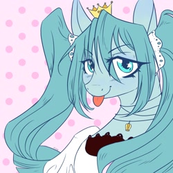 Size: 2000x2000 | Tagged: safe, artist:riceflowers_art, kotobukiya, earth pony, pony, abstract background, anime, bust, clothes, crown, cute, hatsune miku, high res, jewelry, kotobukiya hatsune miku pony, necklace, ponified, regalia, solo, tongue out, vocaloid