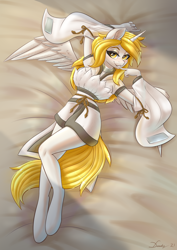 Size: 2480x3508 | Tagged: safe, artist:dandy, oc, oc only, oc:kirarane, oc:star nai, alicorn, anthro, unguligrade anthro, alicorn oc, bed, bedroom eyes, breasts, clothes, commission, eyeshadow, female, from above, grin, hand, high res, horn, looking at you, lying down, makeup, smiling, solo, wings