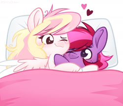 Size: 1652x1426 | Tagged: safe, artist:ninnydraws, oc, oc only, oc:jelly, oc:ninny, earth pony, pegasus, pony, bed, colt, couple, cuddling, female, freckles, hug, looking at each other, male, mare