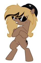 Size: 642x1000 | Tagged: safe, artist:rochelle2014, oc, oc only, oc:rochelle, earth pony, pony, base used, bipedal, ear piercing, earring, earth pony oc, female, freckles, hat, jewelry, mare, piercing, simple background, solo, sunglasses, swag, white background