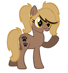 Size: 400x427 | Tagged: safe, artist:rochelle2014, oc, oc only, oc:rochelle, earth pony, pony, ear piercing, earring, earth pony oc, eyelashes, female, freckles, jewelry, mare, open mouth, palindrome get, paw prints, piercing, pigtails, simple background, solo, underhoof, waving, white background