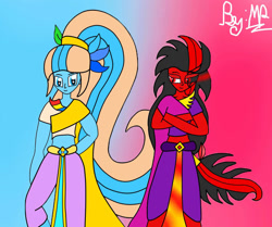 Size: 1196x1000 | Tagged: safe, alternate version, artist:mudmee-thai, oc, oc only, equestria girls, g4, abstract background, clothes, crossed arms, duo, equestria girls-ified, female, pants, signature, smiling, sombra eyes