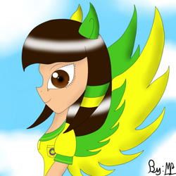 Size: 1280x1280 | Tagged: safe, artist:mudmee-thai, oc, oc only, equestria girls, g4, abstract background, bust, clothes, equestria girls-ified, female, ponied up, signature, solo, wings