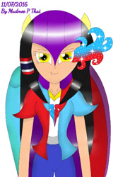 Size: 854x1280 | Tagged: safe, artist:mudmee-thai, oc, oc only, equestria girls, g4, abstract background, clothes, equestria girls-ified, female, pants, signature, smiling, solo, sombra eyes, wings