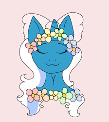 Size: 1254x1398 | Tagged: safe, artist:cloudycrystals, oc, oc:fleurbelle, alicorn, pony, :3, alicorn oc, bow, eyes closed, female, flower, flower in hair, hair bow, horn, mare, wings