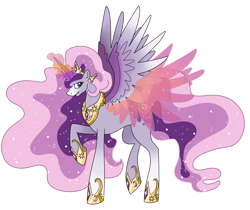 Size: 6449x5409 | Tagged: safe, artist:smilesupsidedown, princess celestia, princess luna, alicorn, pony, g4, artificial wings, augmented, ethereal mane, female, fusion, glowing horn, hoof shoes, horn, jewelry, magic, magic wings, mare, multiple horns, peytral, raised hoof, simple background, solo, starry mane, tiara, transparent background, wings
