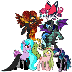 Size: 6091x6055 | Tagged: safe, artist:smilesupsidedown, oc, oc only, bat pony, earth pony, pegasus, pony, augmented tail, bat pony oc, bat wings, clothes, coat markings, costume, earth pony oc, female, flying, grin, looking back, looking down, pegasus oc, simple background, skeleton costume, smiling, socks (coat markings), transparent background, wings