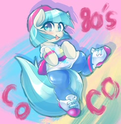 Size: 2004x2048 | Tagged: safe, artist:kurogewapony, coco pommel, earth pony, pony, g4, 80s, blushing, clothes, coco bandicoot, cocobetes, cosplay, costume, crash bandicoot (series), cute, female, high res, looking at you, mare, name pun, namesake, pun, smiling, solo, visual pun