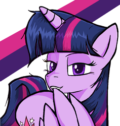 Size: 866x914 | Tagged: safe, artist:sallycars, twilight sparkle, alicorn, pony, g4, bedroom eyes, biting, female, grooming, legitimately amazing mspaint, looking at you, mare, ms paint, out of context, preening, simple background, solo, twilight sparkle (alicorn), white background, wing bite