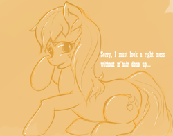 Size: 1055x829 | Tagged: safe, artist:dovne, applejack, earth pony, pony, g4, dialogue, female, hatless, looking at you, loose hair, mare, missing accessory, monochrome, requested art, smiling, solo