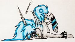 Size: 2819x1577 | Tagged: safe, artist:beamybutt, oc, oc only, oc:moonbeam, alicorn, pony, alicorn oc, chains, clothes, eyelashes, face down ass up, female, horn, mare, signature, socks, solo, spiked wristband, striped socks, traditional art, wings, wristband