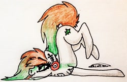 Size: 2822x1817 | Tagged: safe, artist:beamybutt, oc, oc only, earth pony, pony, :p, earth pony oc, eyelashes, face down ass up, female, headphones, mare, signature, solo, tongue out, traditional art