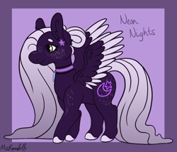 Size: 1750x1500 | Tagged: safe, artist:misskanabelle, oc, oc only, oc:neon nights, pegasus, pony, abstract background, choker, colored hooves, female, mare, offspring, parent:king sombra, parent:princess celestia, parents:celestibra, pegasus oc, signature, solo, two toned wings, wings