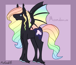 Size: 1750x1500 | Tagged: safe, artist:misskanabelle, oc, oc only, oc:moondancer, bat pony, pony, abstract background, bat pony oc, bat wings, female, hoof fluff, mare, multicolored hair, offspring, parent:king sombra, parent:princess luna, parents:lumbra, rainbow hair, signature, solo, wings