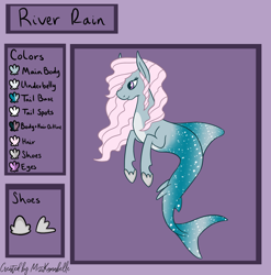 Size: 1482x1500 | Tagged: safe, artist:misskanabelle, oc, oc only, oc:river rain, original species, pony, sea pony, shark, shark pony, abstract background, hoof shoes, reference sheet, signature, smiling, solo, story included