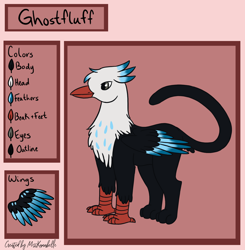 Size: 1470x1500 | Tagged: safe, artist:misskanabelle, oc, oc only, oc:ghostfluff, griffon, abstract background, griffon oc, male, reference sheet, signature, solo, story included