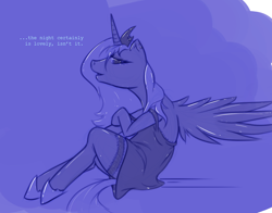 Size: 1056x830 | Tagged: safe, artist:dovne, princess luna, alicorn, pony, g4, clothes, dialogue, ear piercing, earring, female, garter, jewelry, lidded eyes, looking at you, mare, monochrome, piercing, requested art, s1 luna, sitting, solo, spread wings, sultry pose, wings