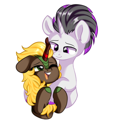 Size: 1000x1084 | Tagged: safe, artist:thieftea, oc, oc only, oc:haze rad, oc:sunny glow, kirin, pony, unicorn, bust, commission, commissioner:biohazard, duo, duo male, eyebrows, highlights, horn, hug, kirin oc, looking at each other, looking down, looking up, male, one eye closed, open mouth, simple background, smiling, stallion, teeth, unicorn oc, white background, ych result