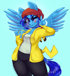 Size: 1280x1394 | Tagged: safe, artist:pastelperyton, oc, oc only, pegasus, pikachu, anthro, ;p, breasts, cleavage, clothes, ear piercing, hoodie, looking at you, one eye closed, peace sign, piercing, pokémon, solo, tongue out, wink