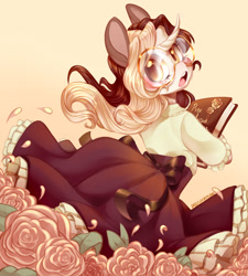 Size: 1280x1423 | Tagged: safe, artist:pastelperyton, oc, oc only, unicorn, anthro, blushing, book, clothes, female, flower, glasses, looking back, petals, rose, shirt, skirt, solo