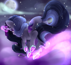 Size: 1833x1697 | Tagged: safe, artist:pastelperyton, oc, oc only, oc:misty night, pony, unicorn, bedroom eyes, butt, eyelashes, female, full moon, glowing, glowing horn, heart, hoof heart, horn, levitation, looking back, magic, mare, moon, night, plot, self-levitation, solo, stars, telekinesis, underhoof