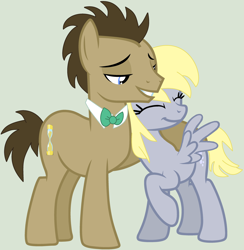 Size: 3068x3140 | Tagged: safe, artist:jadeharmony, artist:krystalheartbases, derpy hooves, doctor whooves, time turner, earth pony, pegasus, pony, g4, bowtie, eyes closed, female, gray background, grin, high res, hug, male, mare, raised hoof, ship:doctorderpy, shipping, simple background, smiling, stallion, straight
