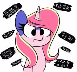 Size: 4048x3808 | Tagged: safe, artist:kittyrosie, oc, oc only, oc:rosa flame, pony, unicorn, cute, female, high res, horn, mare, ocbetes, simple background, solo, text, tiktok, unicorn oc