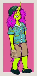 Size: 788x1604 | Tagged: safe, artist:overlord pony, oc, oc only, oc:nuclear blossom, unicorn, anthro, anthro oc, cargo shorts, clothes, crocs, dad energy, hat, jewelry, necklace, shirt, simple background, solo, women want me fish fear me