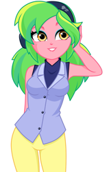 Size: 851x1368 | Tagged: dead source, safe, artist:rosemile mulberry, lemon zest, equestria girls, g4, breasts, busty lemon zest, button, clothes, dress shirt, female, headphones, looking at you, pants, raised arm, raised eyebrow, shirt, simple background, sleeveless, smiling, smiling at you, solo, white background