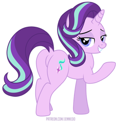 Size: 1200x1193 | Tagged: safe, alternate version, artist:jennieoo, starlight glimmer, pony, unicorn, g4, bedroom eyes, butt, dock, featureless crotch, glimmer glutes, grin, looking at you, looking back, looking back at you, plot, show accurate, simple background, smiling, solo, transparent background, vector